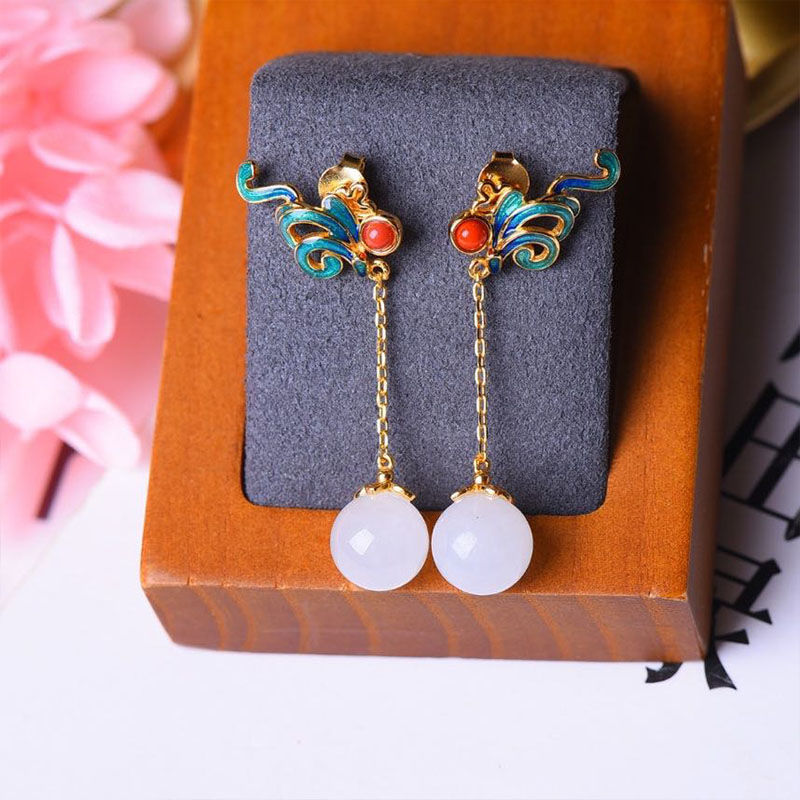 Natural Hetian jade enamel porcelain Earrings