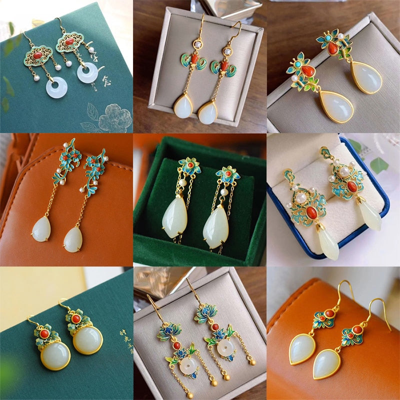 Natural Hetian jade enamel porcelain Earrings