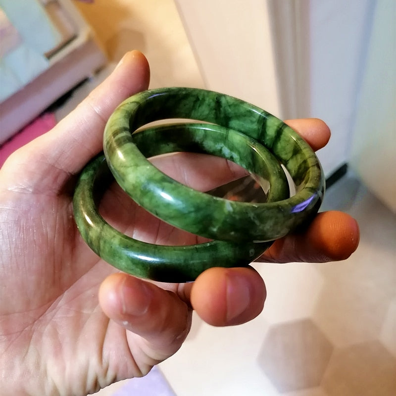 Natural Green White Hand Carved Wide Jade Bracelet