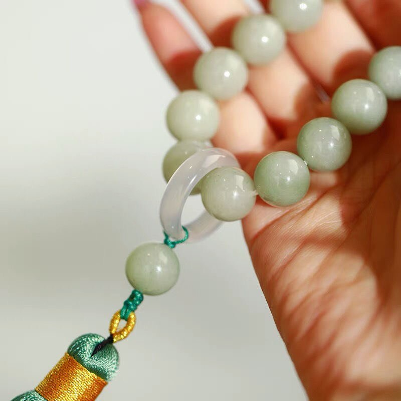 Green Jade Stone 12mm Beads Tassel Bracelet Necklace