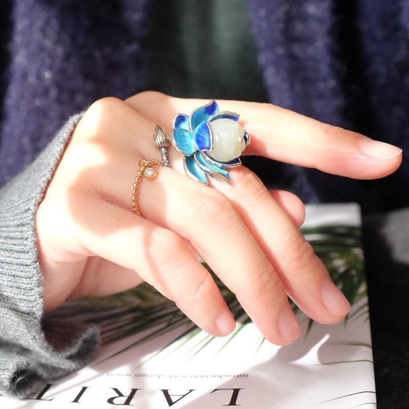 Hetian jade enamel porcelain lotus canopy open ring