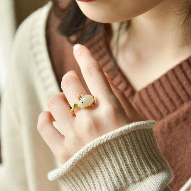 Hetian jade rabbit adjustable ring earrings bracelet set