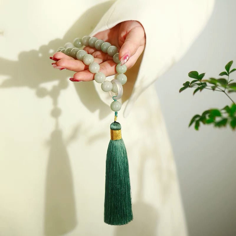 Green Jade Stone 12mm Beads Tassel Bracelet Necklace
