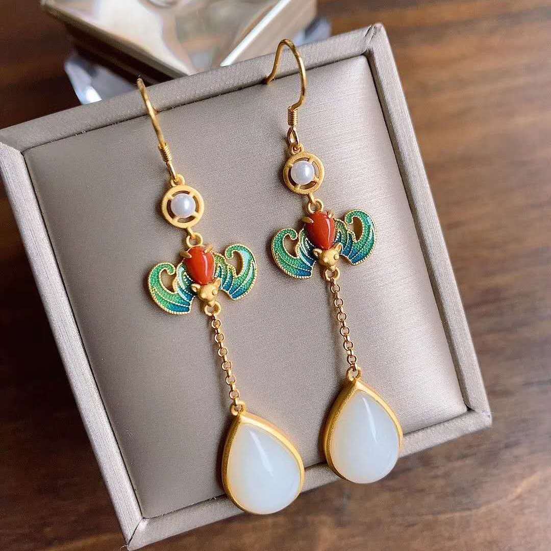 Natural Hetian jade enamel porcelain Earrings
