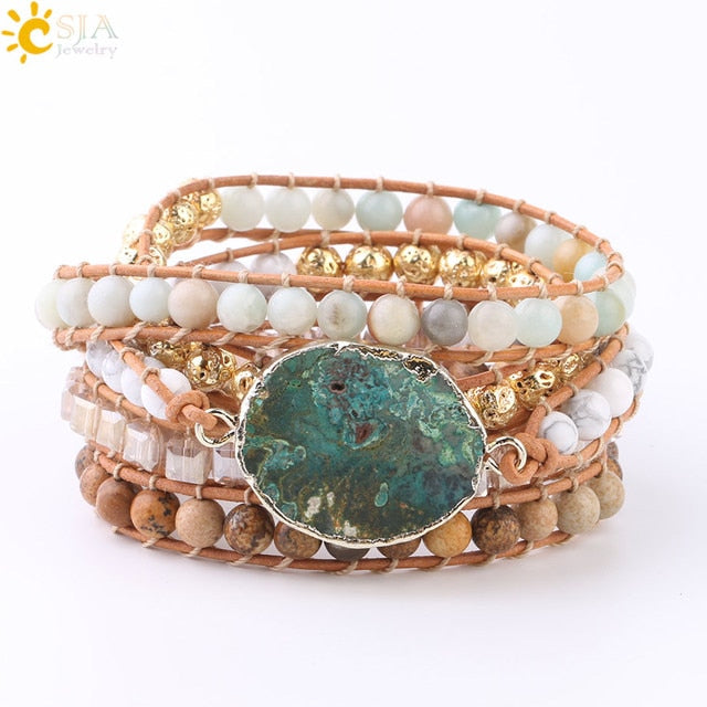 Natural Stone Bracelet Pink Quartz Leather Wrap