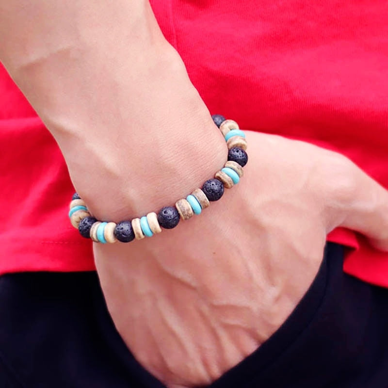 Vintage Wood Beaded Bracelet Mens Natural Lava