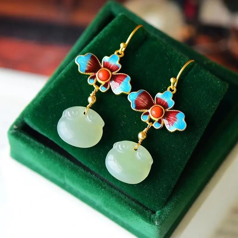 Natural Hetian jade enamel porcelain Earrings