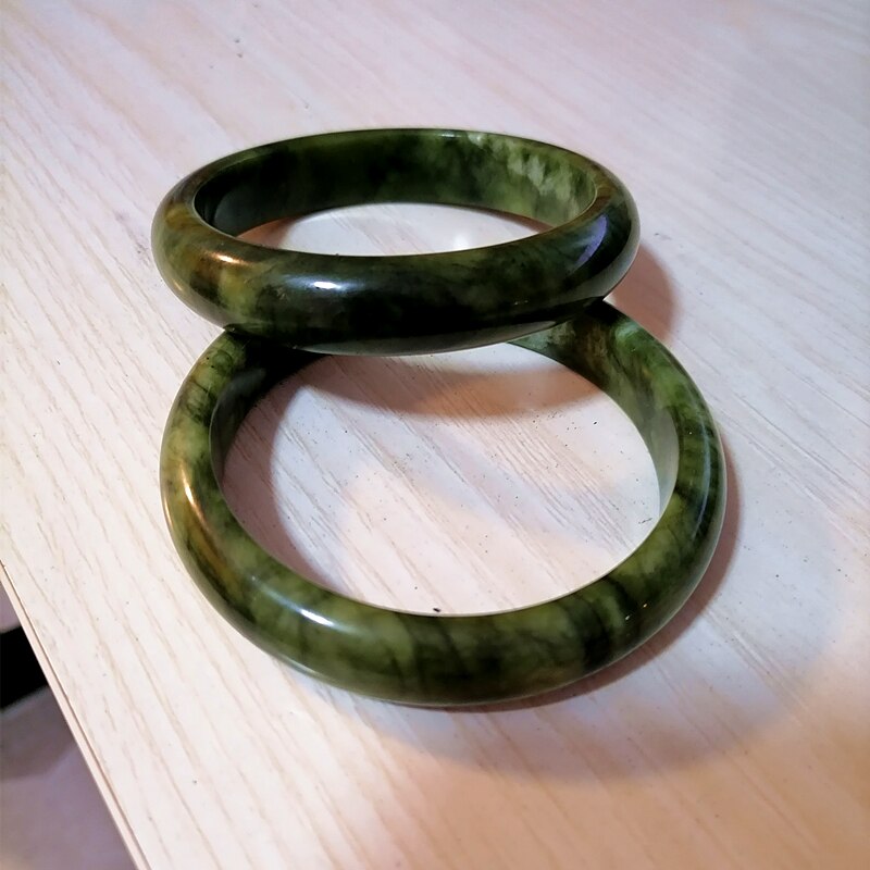 Natural Green White Hand Carved Wide Jade Bracelet