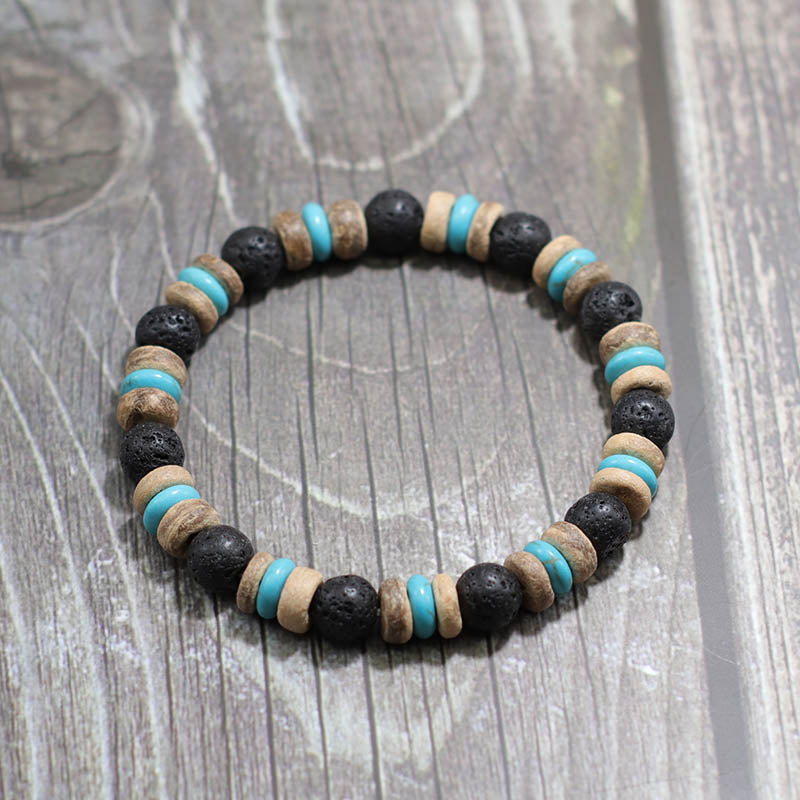 Vintage Wood Beaded Bracelet Mens Natural Lava