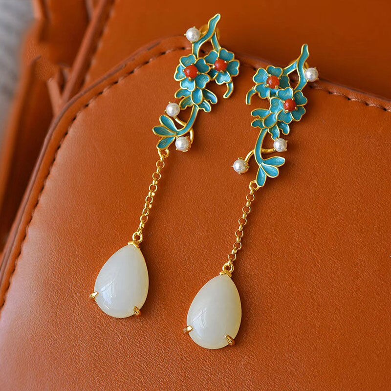 Natural Hetian jade enamel porcelain Earrings