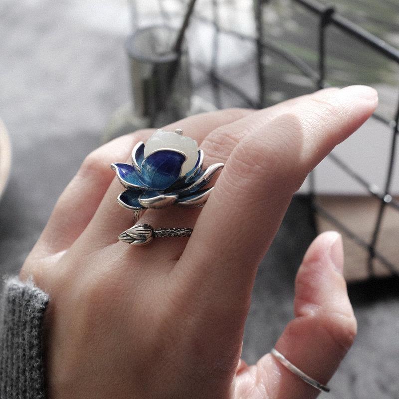 Hetian jade enamel porcelain lotus canopy open ring