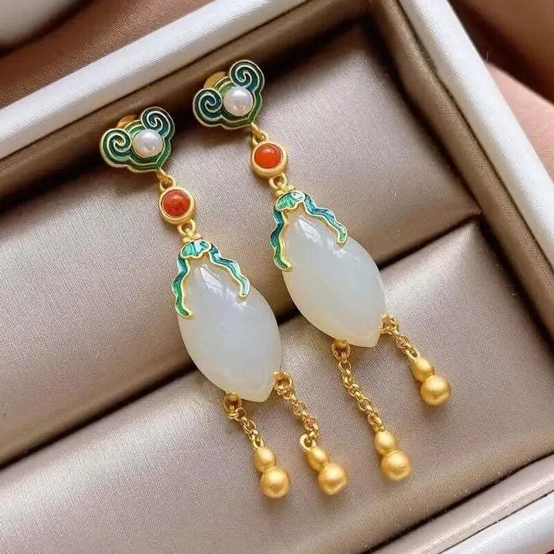 Natural Hetian jade enamel porcelain Earrings