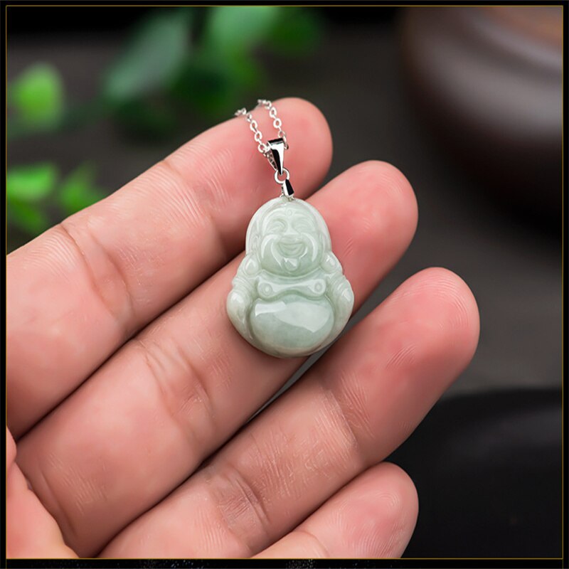 Natural Handcarve Jade Light Green Little Buddha Necklace