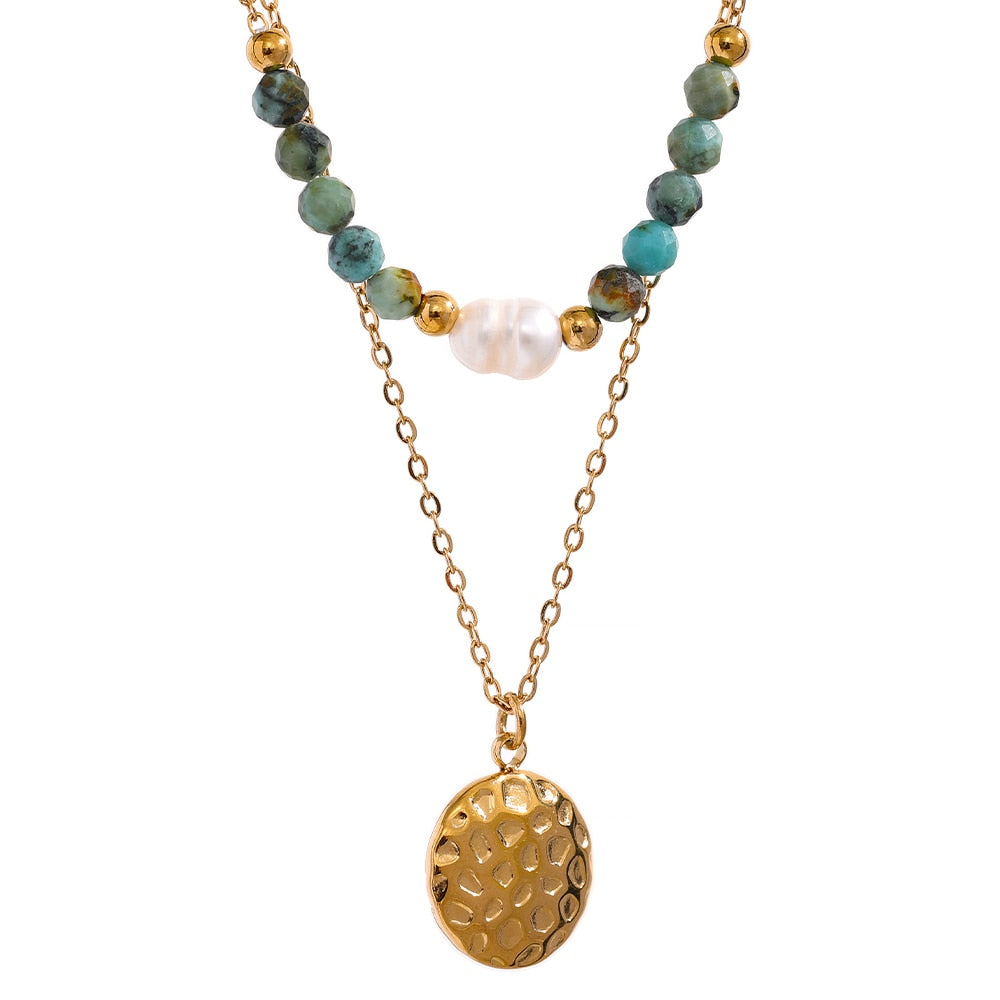 Stone Pearl Beads Stainless Steel Double Layer Chain