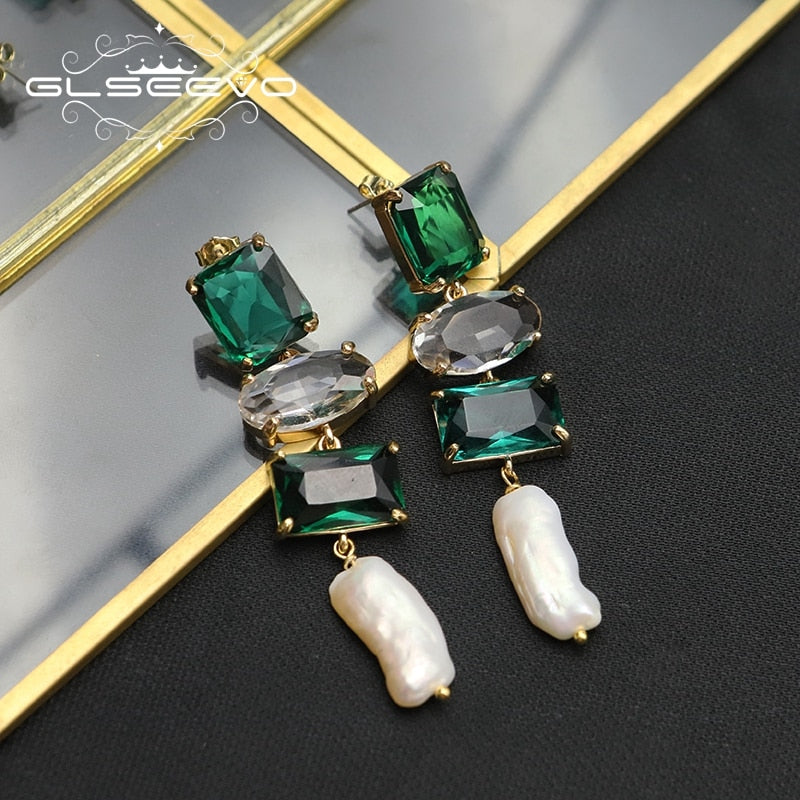 Shining Emerald Crystal Baroque Pearls Chain Drop Earrings