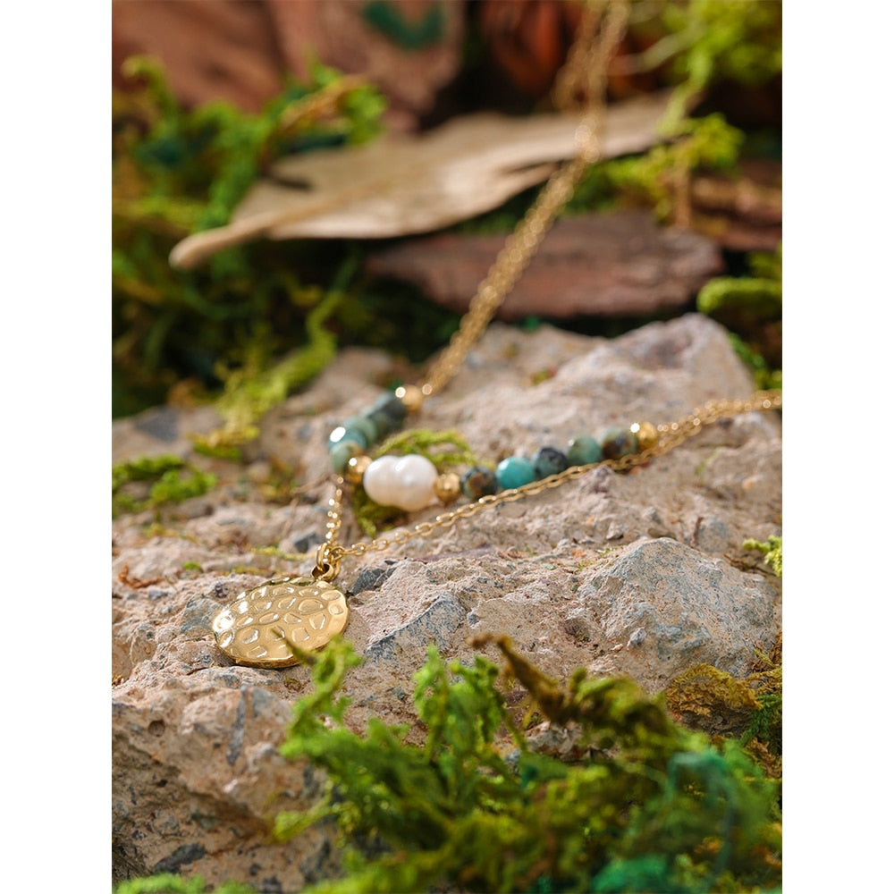 Stone Pearl Beads Stainless Steel Double Layer Chain
