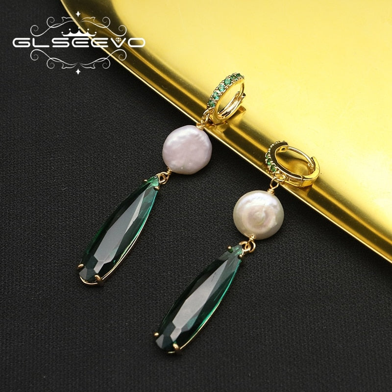 Emerald Water Drop Crystal Baroque Pearls Drop Earrings
