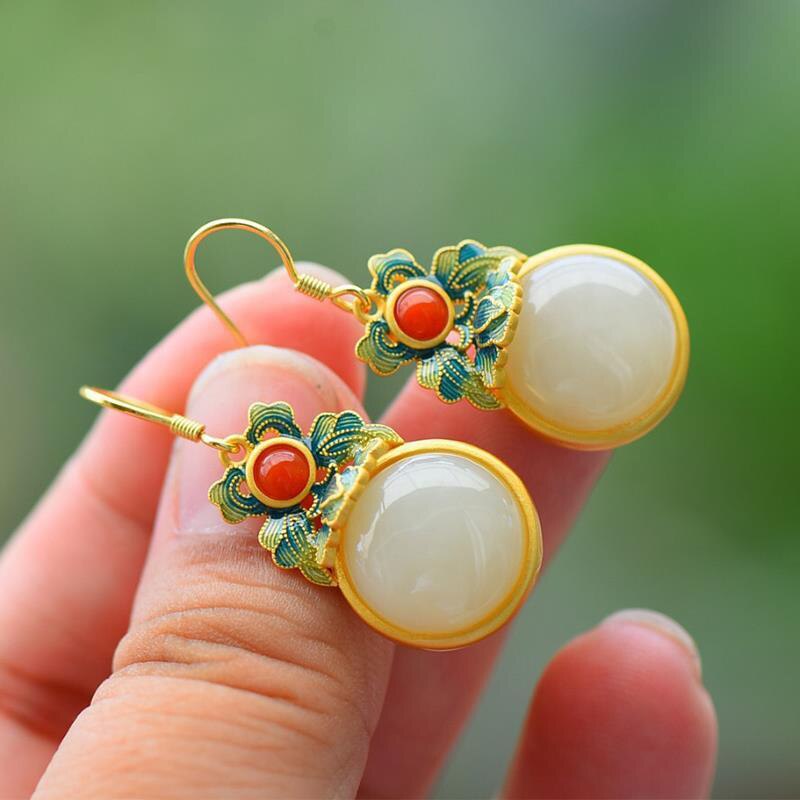 Natural Hetian jade enamel porcelain Earrings