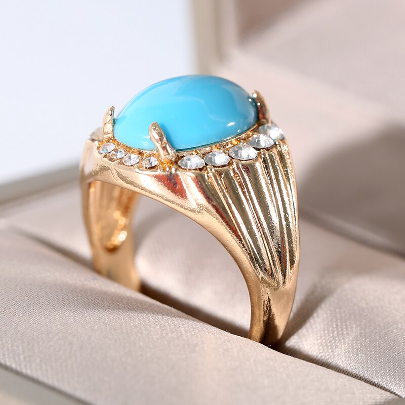 Noble Elegant Woman Natural Blue Turquoise Diamond Ring