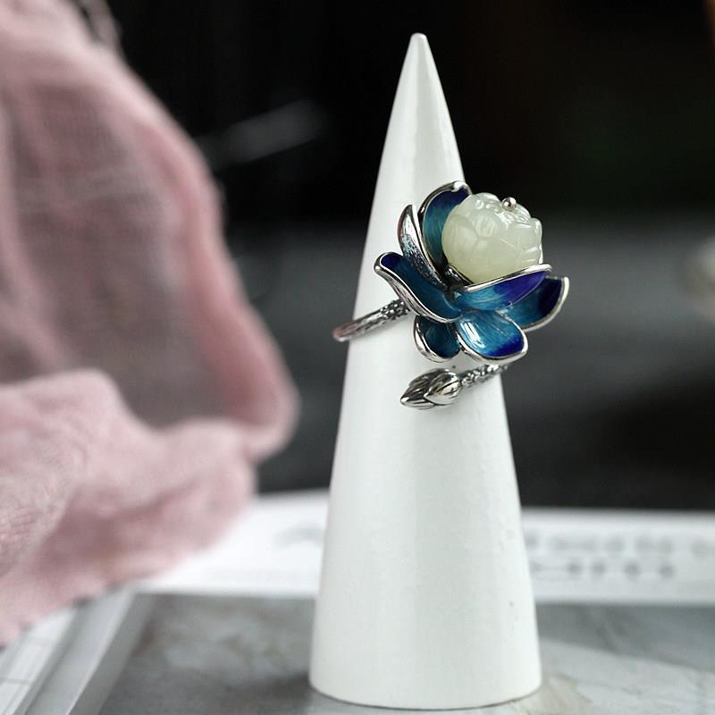 Hetian jade enamel porcelain lotus canopy open ring