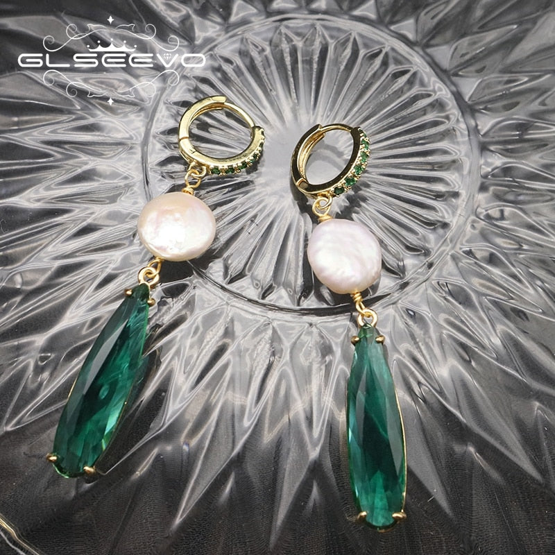 Emerald Water Drop Crystal Baroque Pearls Drop Earrings