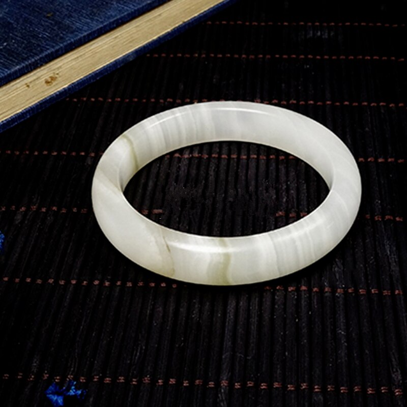 Natural Chinese White Jade Hand Carved Wide Band Bracelet