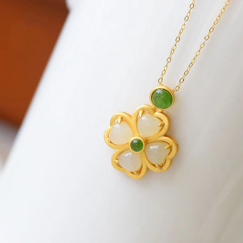 Natural Hetian Jade Clover Pendant Necklace