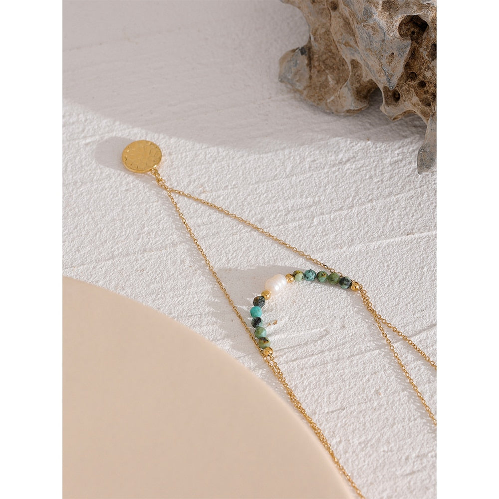 Stone Pearl Beads Stainless Steel Double Layer Chain