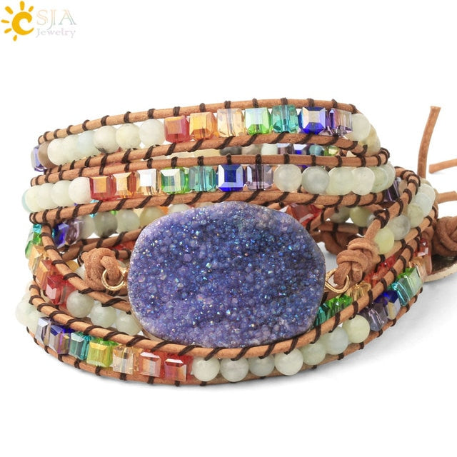 Natural Stone Bracelet Pink Quartz Leather Wrap