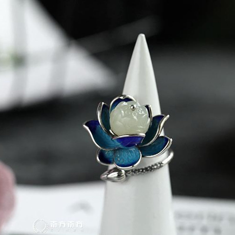 Hetian jade enamel porcelain lotus canopy open ring