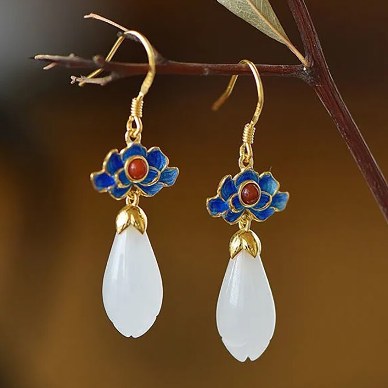 Natural Hetian jade enamel porcelain Earrings