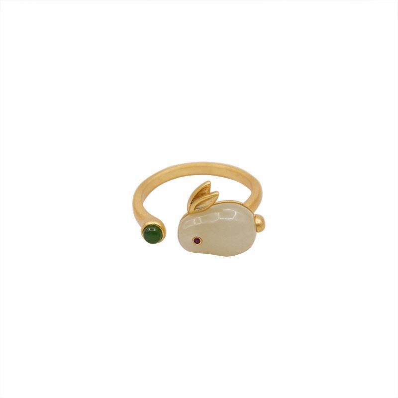 Hetian jade rabbit adjustable ring earrings bracelet set