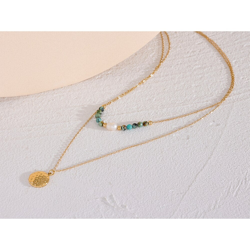 Stone Pearl Beads Stainless Steel Double Layer Chain