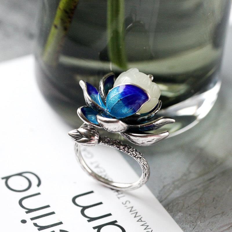 Hetian jade enamel porcelain lotus canopy open ring