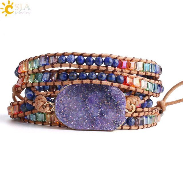 Natural Stone Bracelet Pink Quartz Leather Wrap