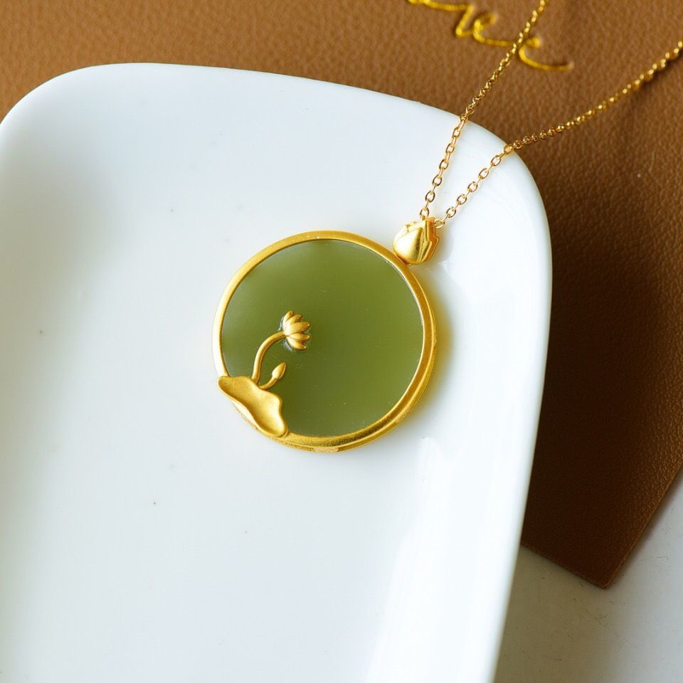 Silver inlaid natural Hetian jade lotus blossom