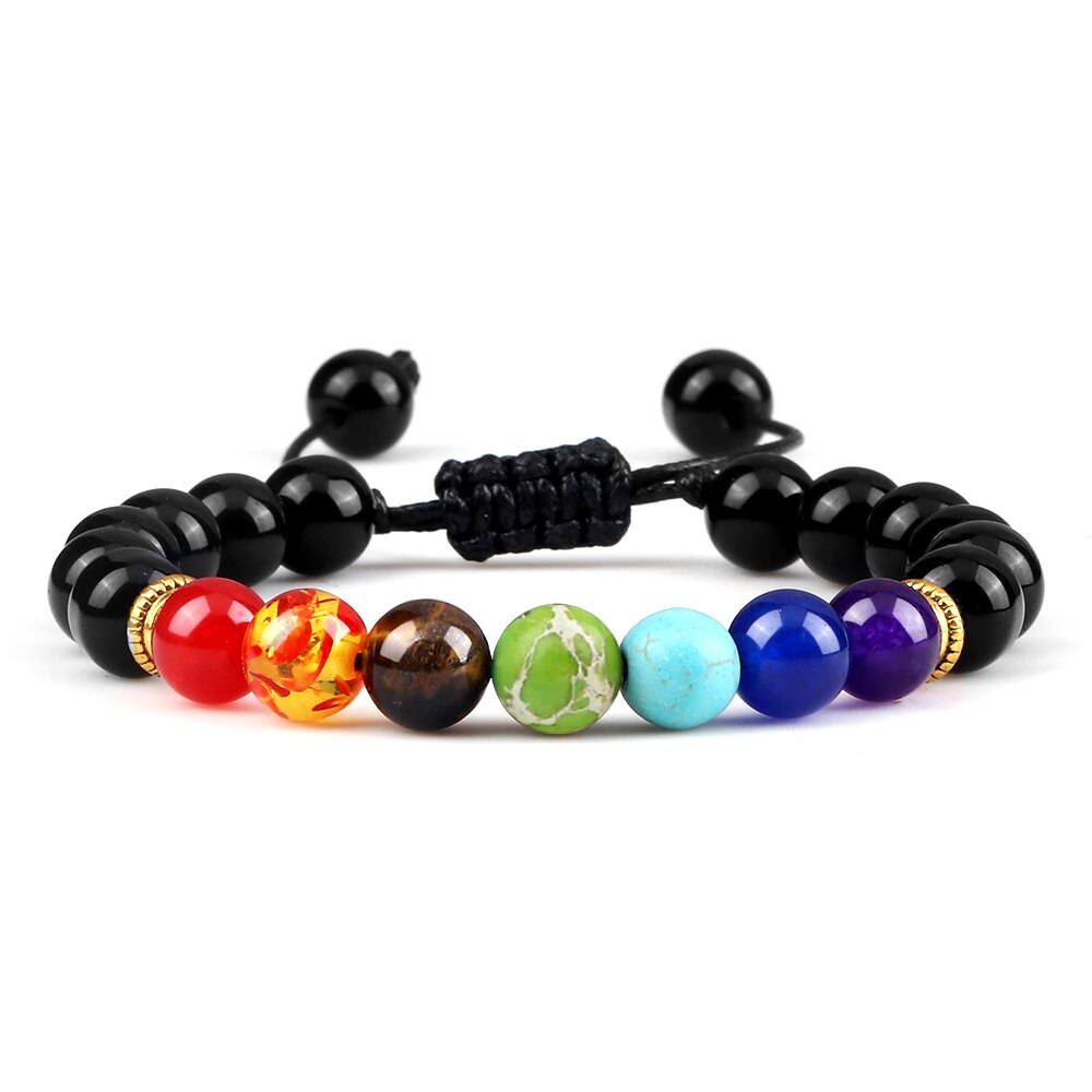 7 Chakra Bracelet Men Black Lava Tiger Eye Stones