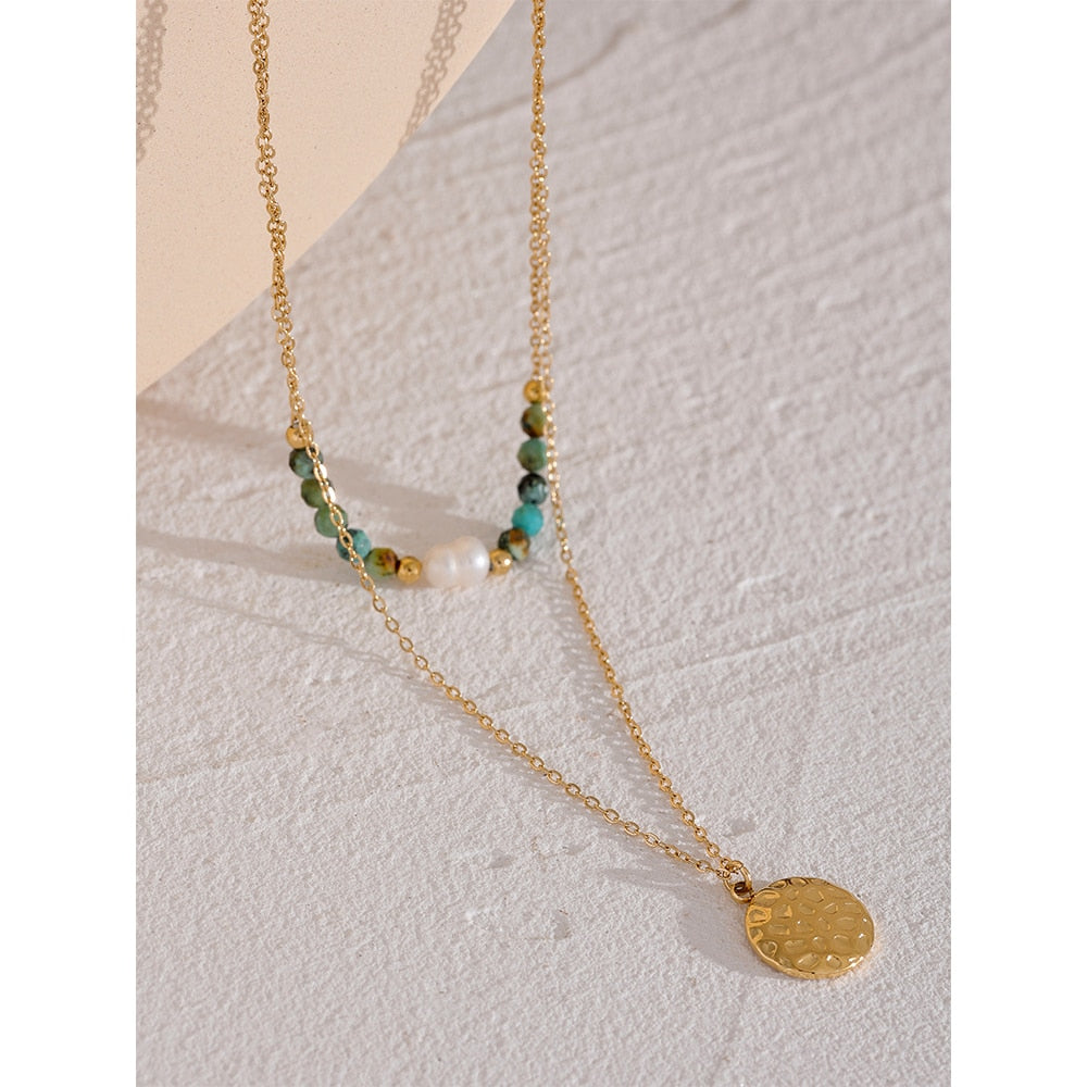 Stone Pearl Beads Stainless Steel Double Layer Chain