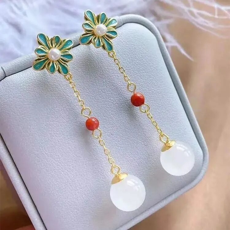Natural Hetian jade enamel porcelain Earrings