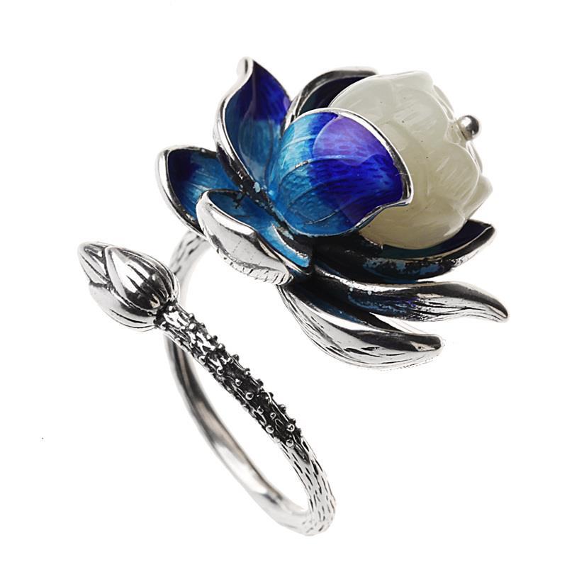Hetian jade enamel porcelain lotus canopy open ring