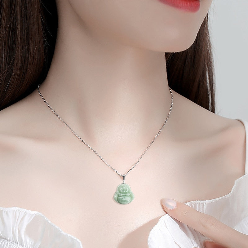 Natural Handcarve Jade Light Green Little Buddha Necklace