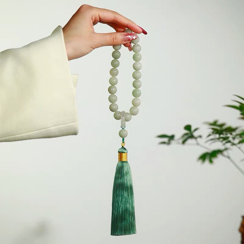 Green Jade Stone 12mm Beads Tassel Bracelet Necklace