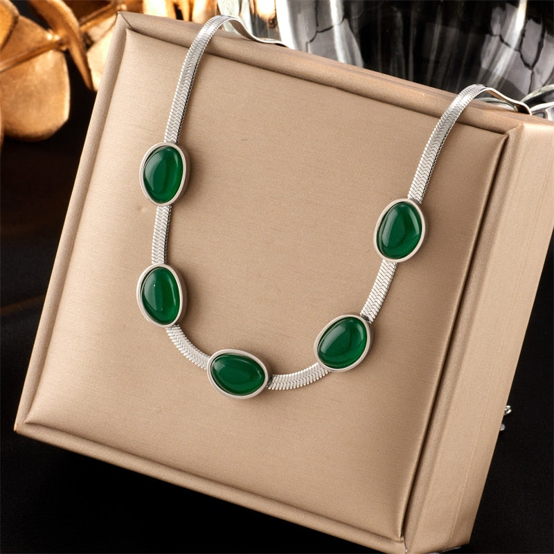 Green Stone Jade Snake Chain Collar Necklaces