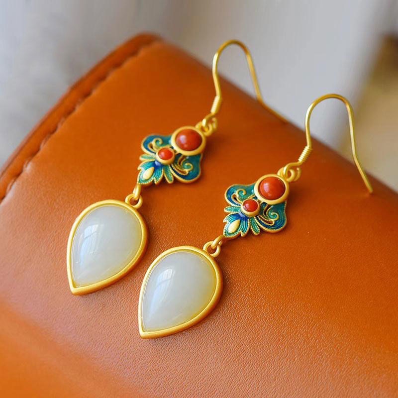Natural Hetian jade enamel porcelain Earrings