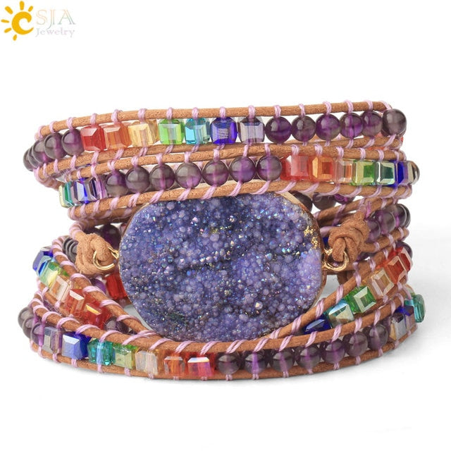 Natural Stone Bracelet Pink Quartz Leather Wrap