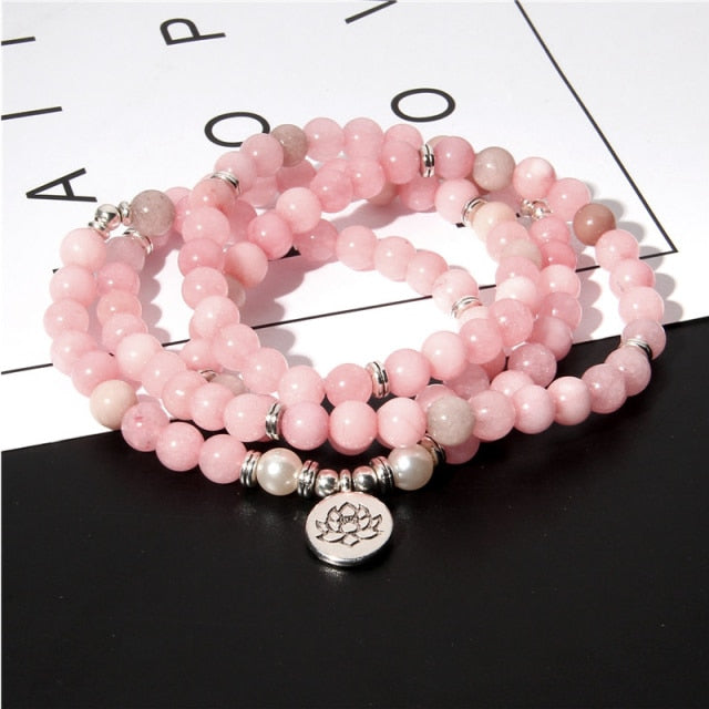 Natural Stone Mala Yoga Necklace Pink Jades