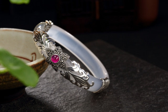Flower Bangles Jade Ethnic Vines Chalcedony Bracelet