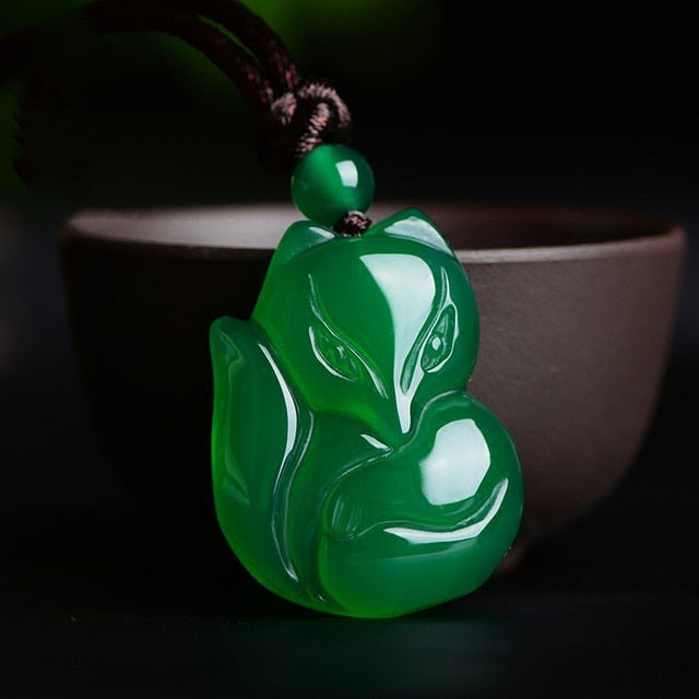 Natural Green White Chinese Chalcedony Jade Fox Pendant