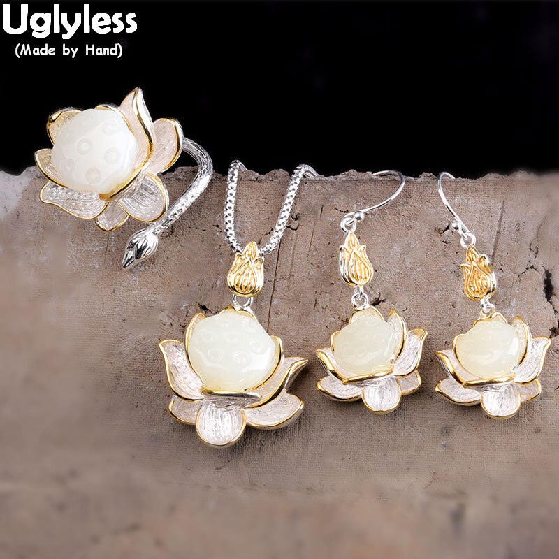 Elegant White Jade Lotus Jewelry Sets