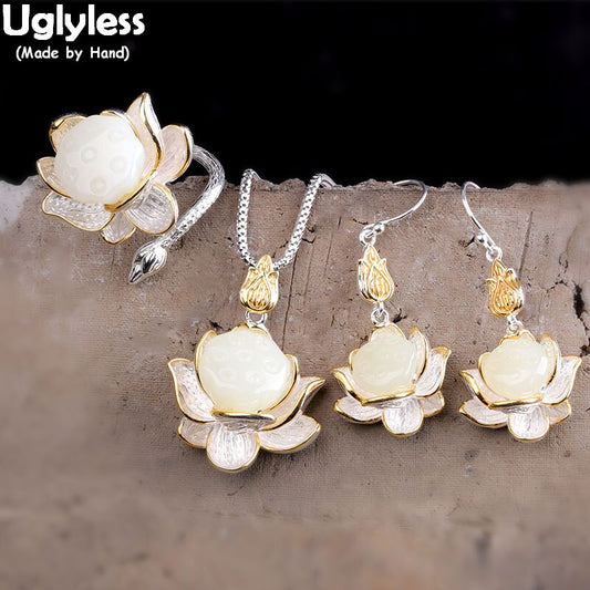 Elegant White Jade Lotus Jewelry Sets